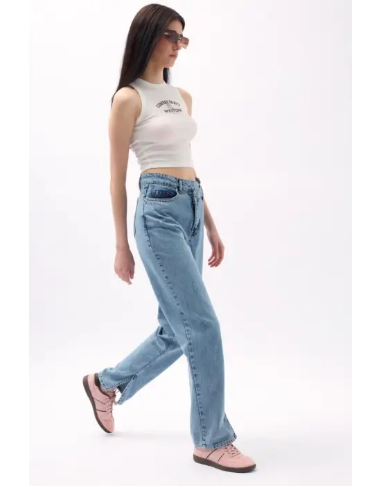 Asimetrik Bel Paça Yırtmaçlı Jean