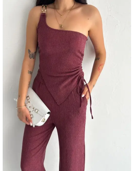 Asimetrik Crop Pantalon Ikili Takım - Gül Kurusu