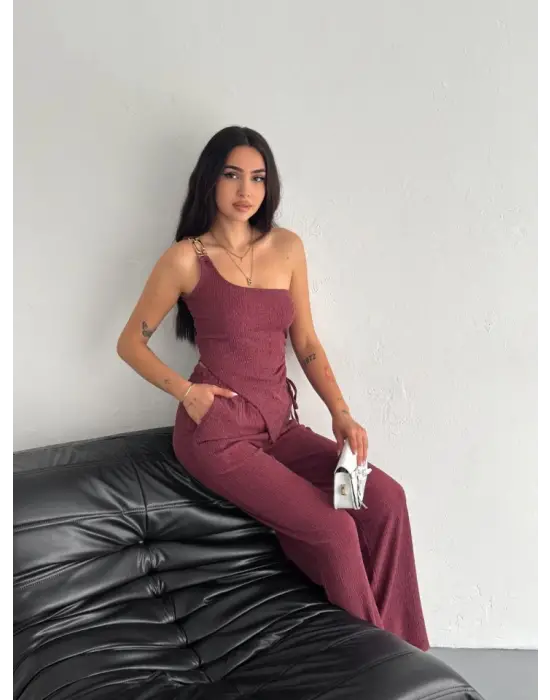 Asimetrik Crop Pantalon Ikili Takım - Gül Kurusu