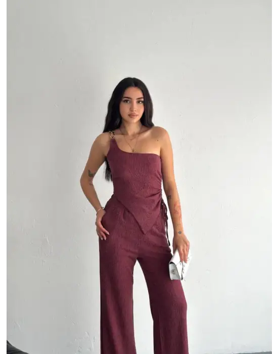 Asimetrik Crop Pantalon Ikili Takım - Gül Kurusu