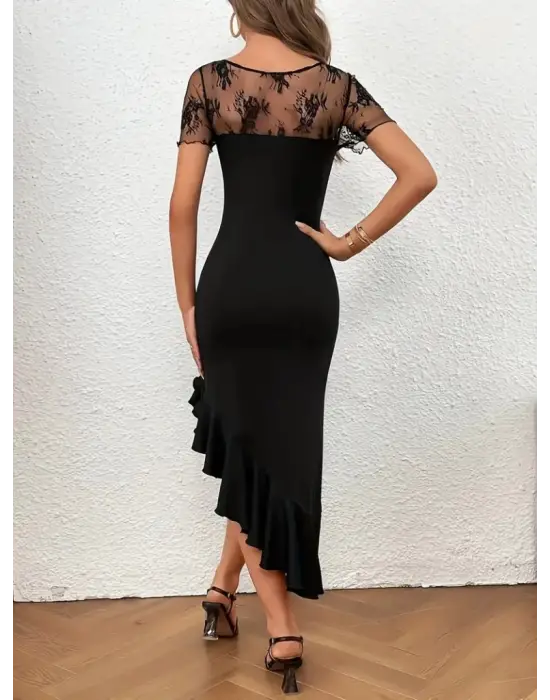 Omarı Şık Dantel Detaylı Asimetrik Elbise