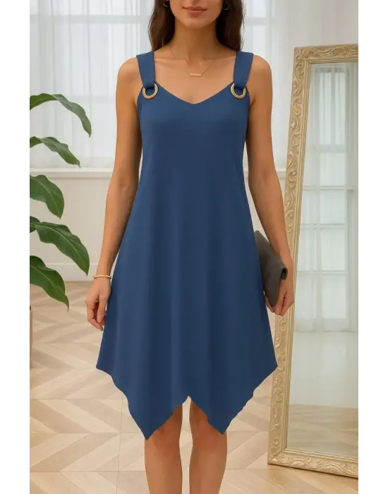 Omarı Asimetrik Yuvarlak Yaka Elbise - Kadın Askılı Kuş Gözü Detayı