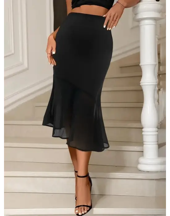 Omarı Yüksek Bel Asimetrik Detaylı Kadın Krep Etek