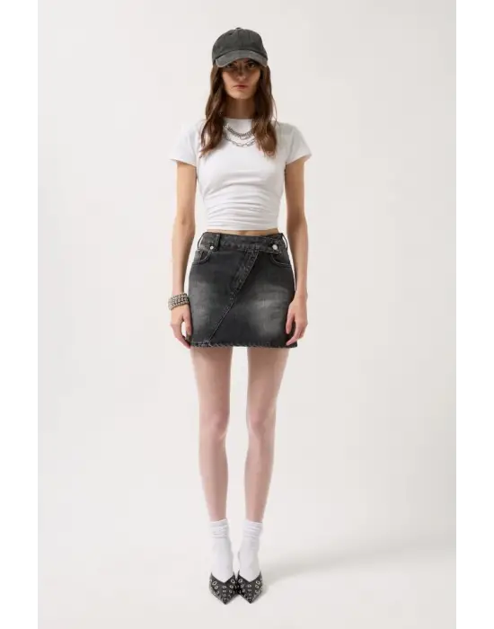Omarı Asimetrik Kesimli Denim Mini Etek