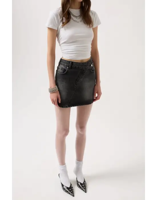 Omarı Asimetrik Kesimli Denim Mini Etek