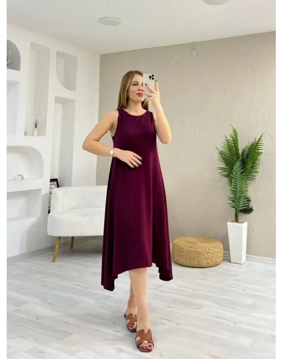 Omarı Asimetrik Kesim Detaylı Viskon Elbise