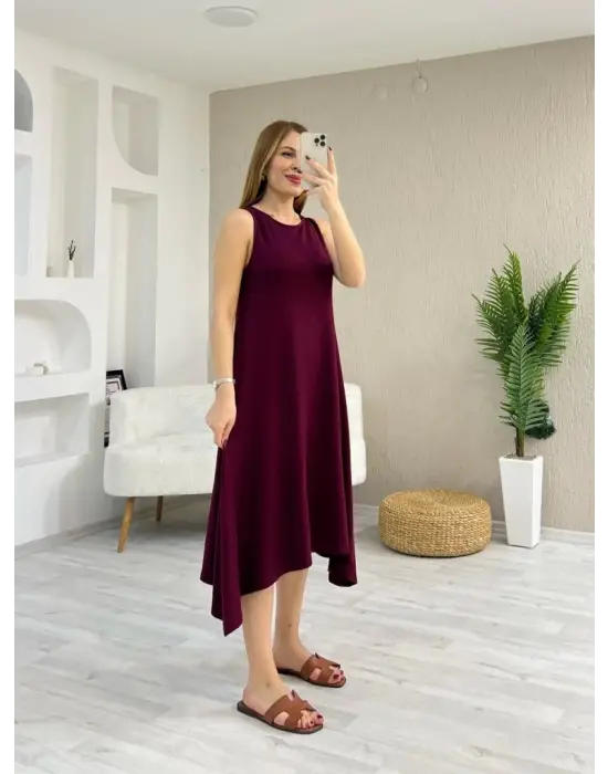 Omarı Asimetrik Kesim Detaylı Viskon Elbise