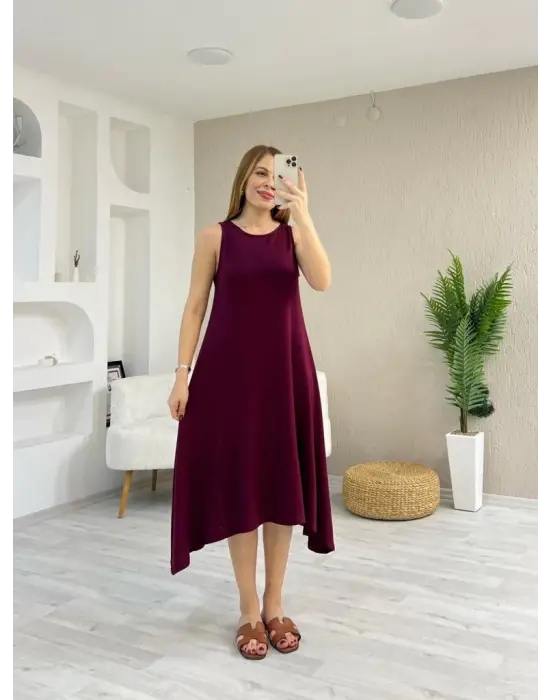 Omarı Asimetrik Kesim Detaylı Viskon Elbise