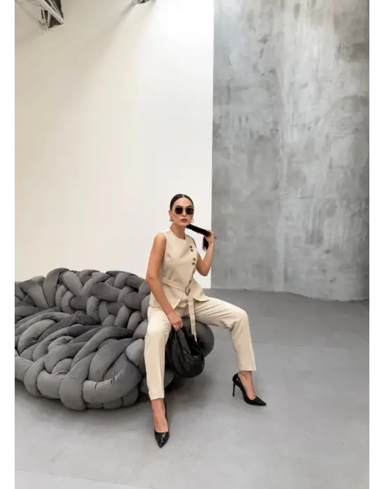 Omarı Asimetrik Keten Yelek Pantolon Takım