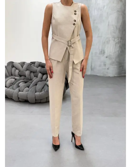 Omarı Asimetrik Keten Yelek Pantolon Takım