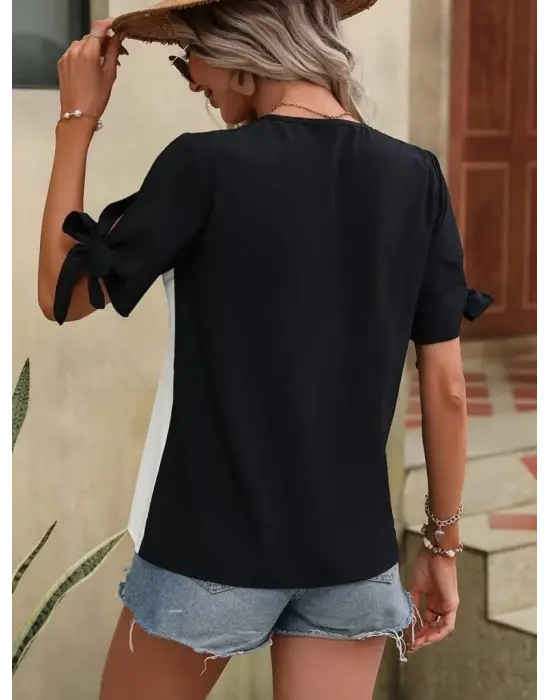 Omarı Asimetrik Kesim Detaylı Kadın Kısa Kollu Bluz