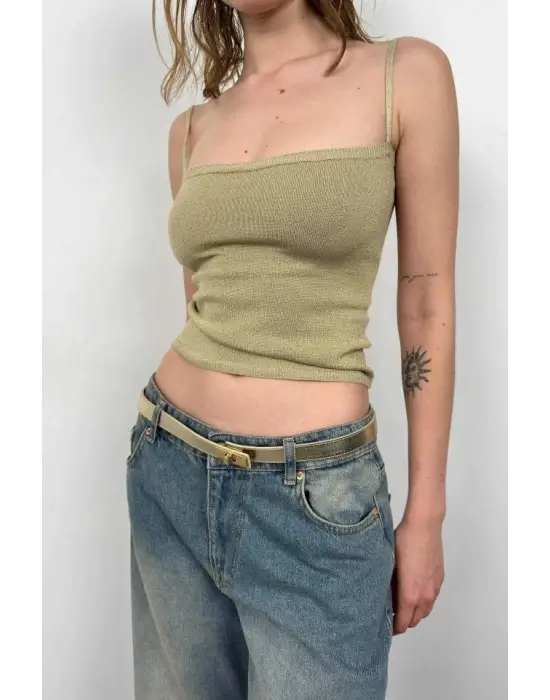 Askı Detay Parlak Triko Bluz