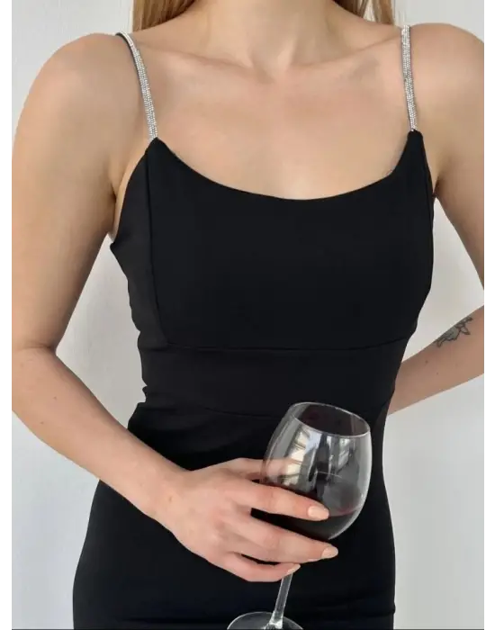 Askı Taş Detaylı Yırtmaçlı Mini Elbise  -Siyah