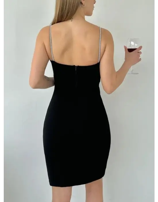 Askı Taş Detaylı Yırtmaçlı Mini Elbise  -Siyah