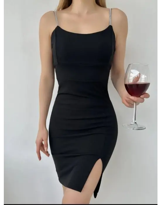 Askı Taş Detaylı Yırtmaçlı Mini Elbise  -Siyah