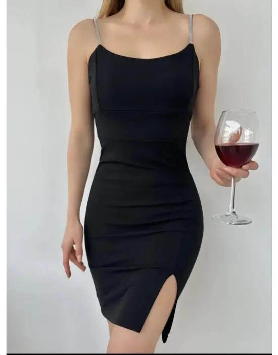 Omarı Taş Detaylı Mini Elbise -Siyah