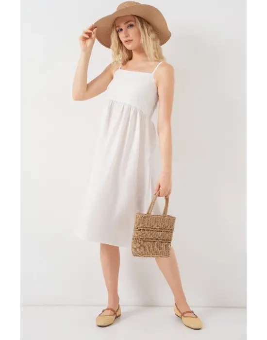 Askılı Ayrobin Elbise   - Beyaz