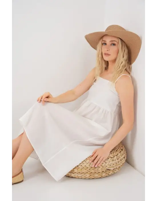 Askılı Ayrobin Elbise 2565 - Beyaz