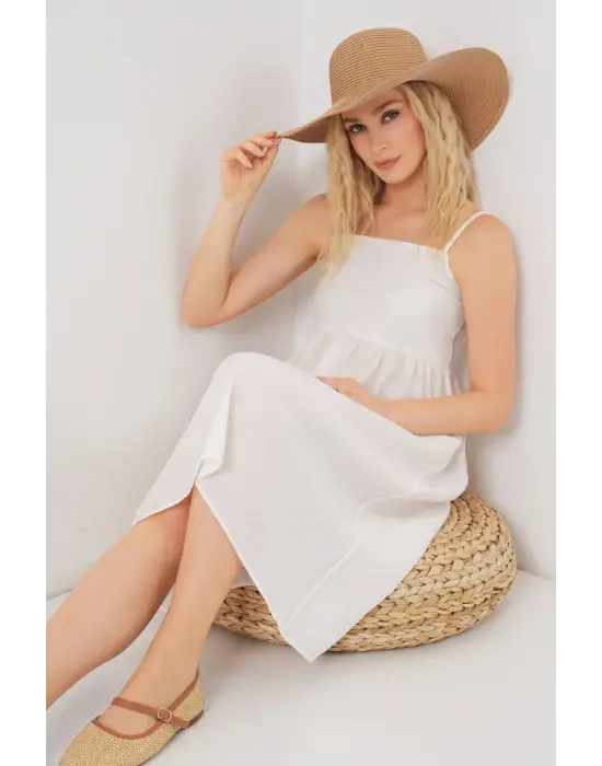 Askılı Ayrobin Elbise 2565 - Beyaz