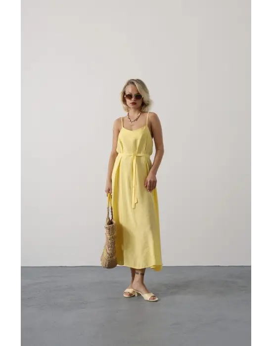 Askılı Basic Uzun Elbise - Sarı