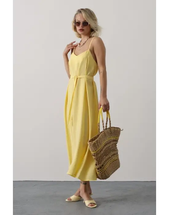 Askılı Basic Uzun Elbise - Sarı