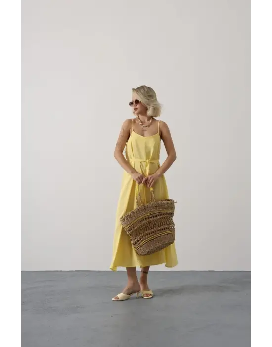 Askılı Basic Uzun Elbise - Sarı