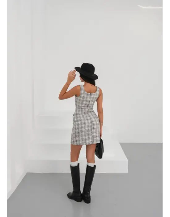 Askılı ch kumaş düğmeli elbise gribeyaz h265007