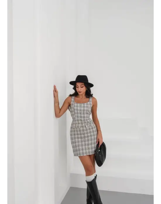 Askılı ch kumaş düğmeli elbise gribeyaz h265007