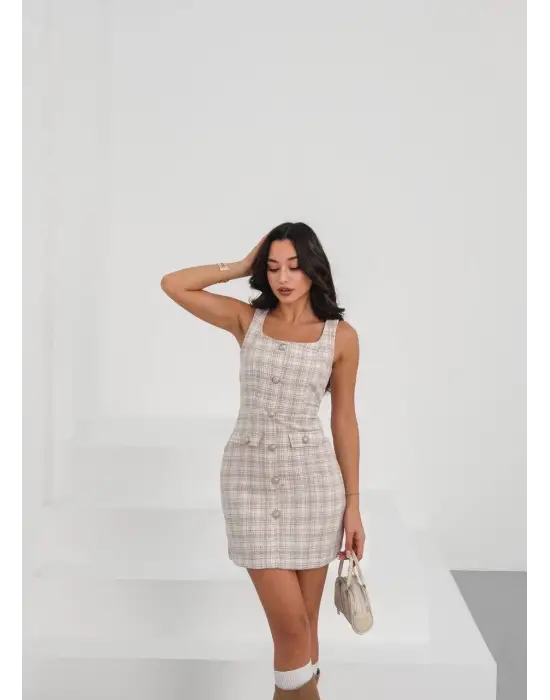 Askılı ch kumaş düğmeli elbise pudrabeyaz h265007