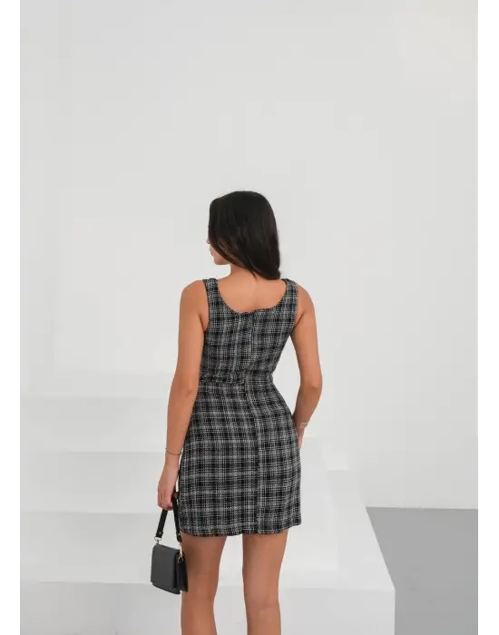 Askılı ch kumaş düğmeli elbise siyahbeyaz h265007