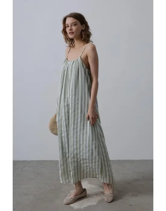 Askılı Çizgi Desen Elbise - Haki