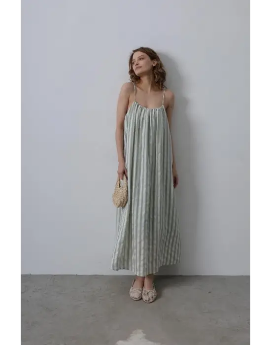 Askılı Çizgi Desen Elbise - Haki