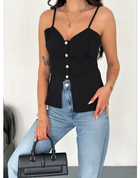 Askılı Dekolte Deraylı Bluz Crop - Siyah