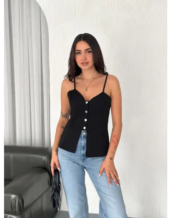 Askılı Dekolte Deraylı Bluz Crop - Siyah