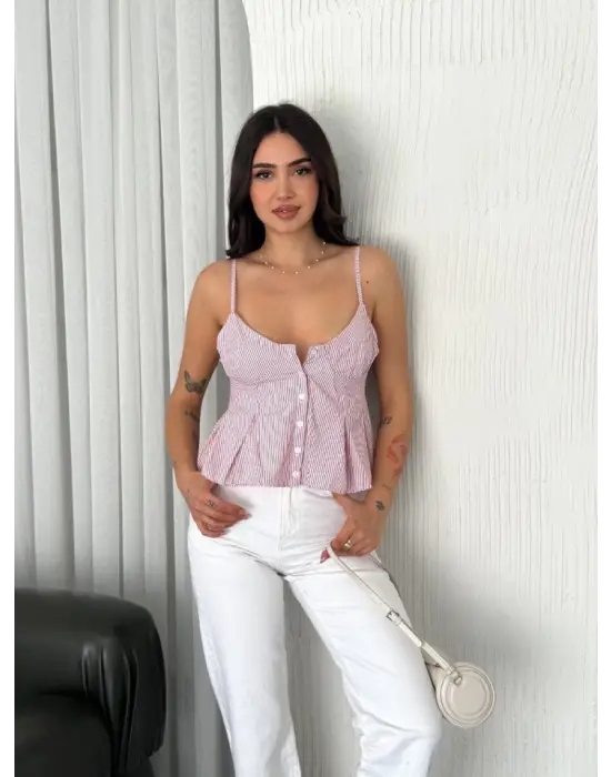 Omarı Etkileyici Derin Dekolte Crop - Kırmızı