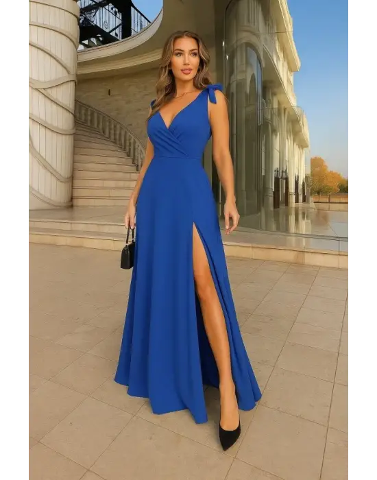 Omarı Zarif Kadın Omuzdan Bağlamalı Uzun Elbise