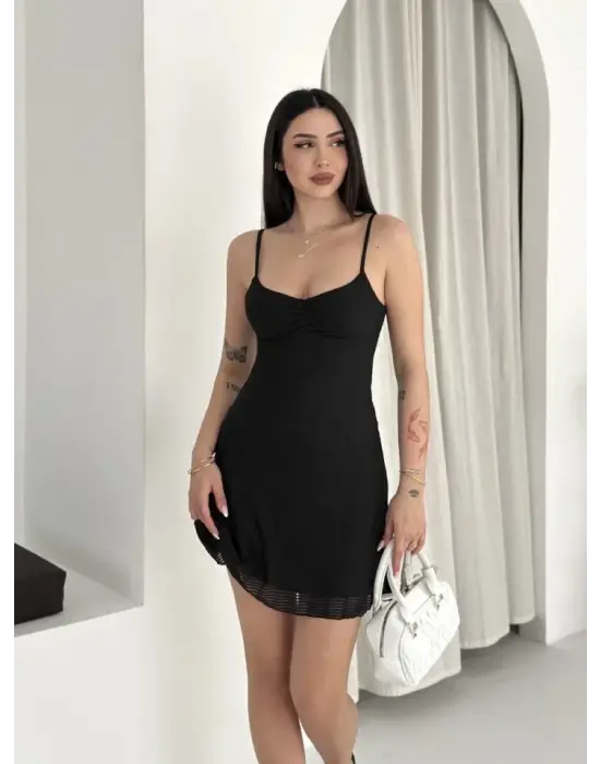 Askılı Mini Elbise Drapeli Göğüs Detay Likralı Yazlık Fit - Siyah