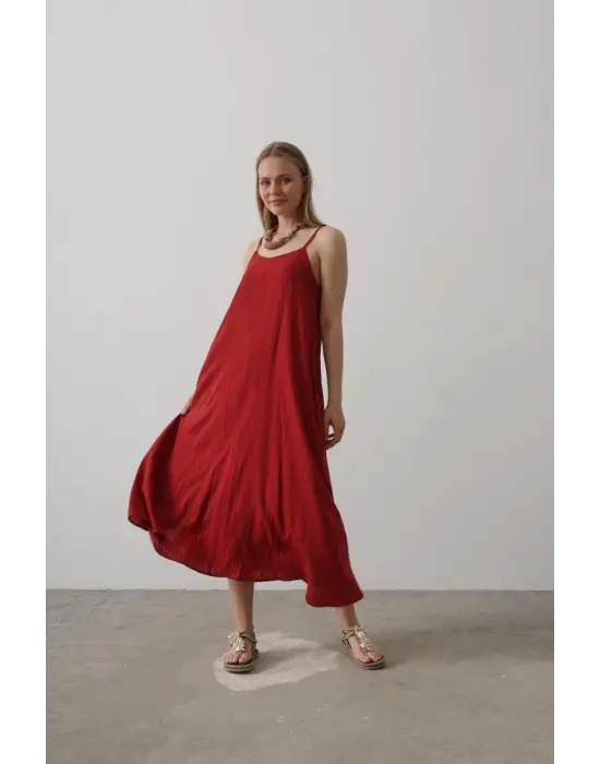 Askılı Uzun Çan Elbise - Bordo