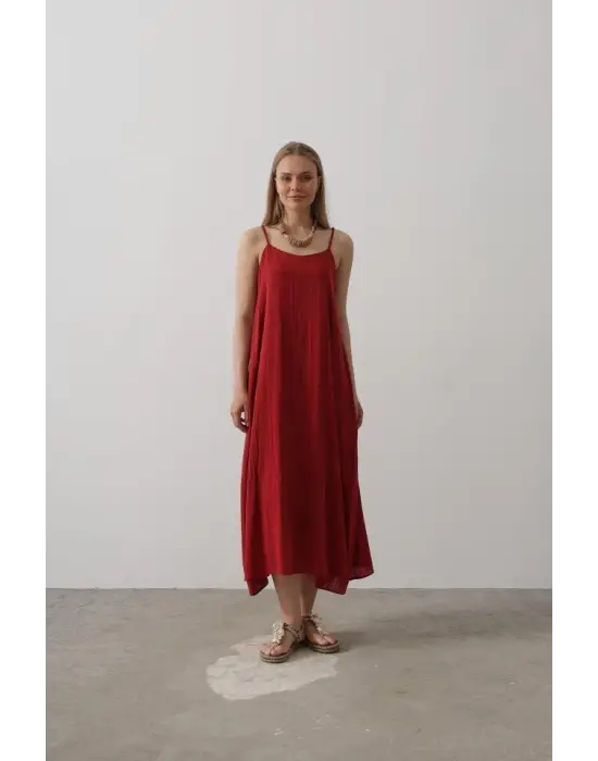 Askılı Uzun Çan Elbise - Bordo