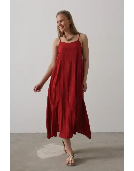 Askılı Uzun Çan Elbise - Bordo
