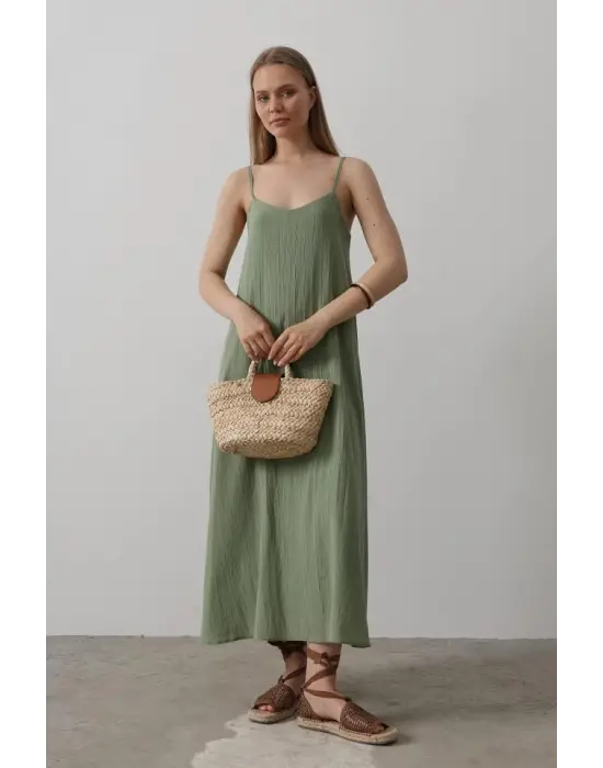 Askılı Uzun Çan Elbise - Haki