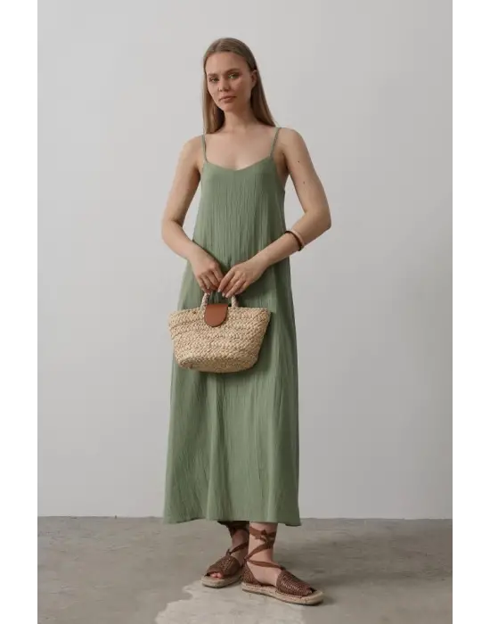 Askılı Uzun Çan Elbise - Haki