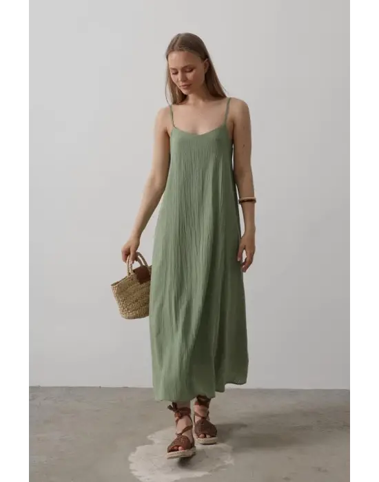 Askılı Uzun Çan Elbise - Haki