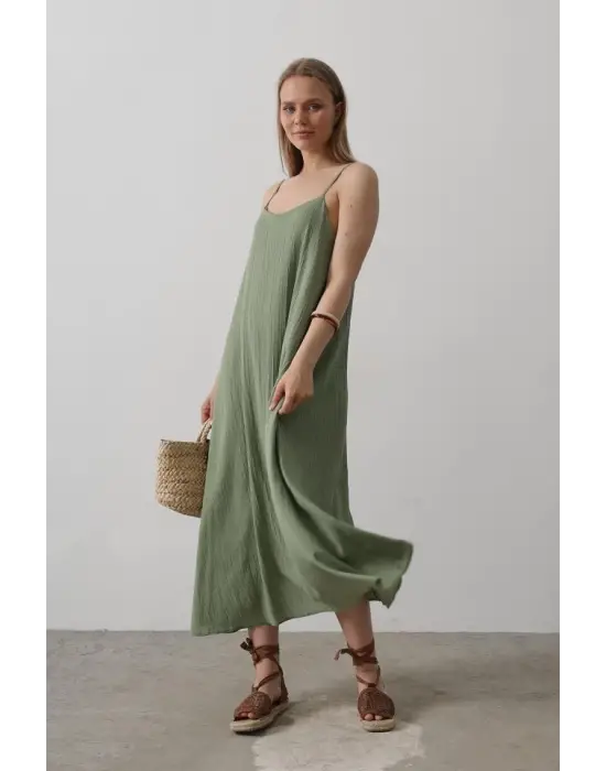 Askılı Uzun Çan Elbise - Haki