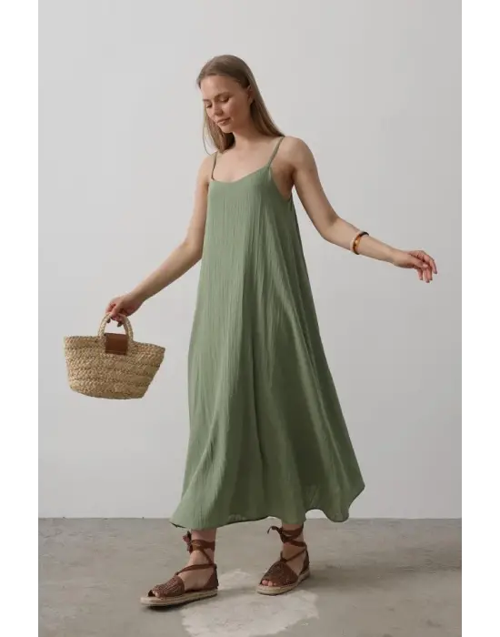 Askılı Uzun Çan Elbise - Haki