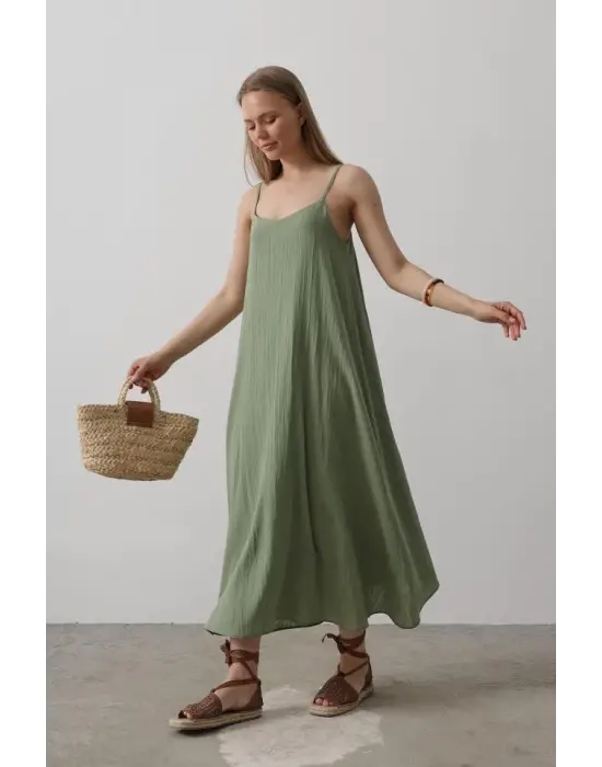 Askılı Uzun Çan Elbise - Haki