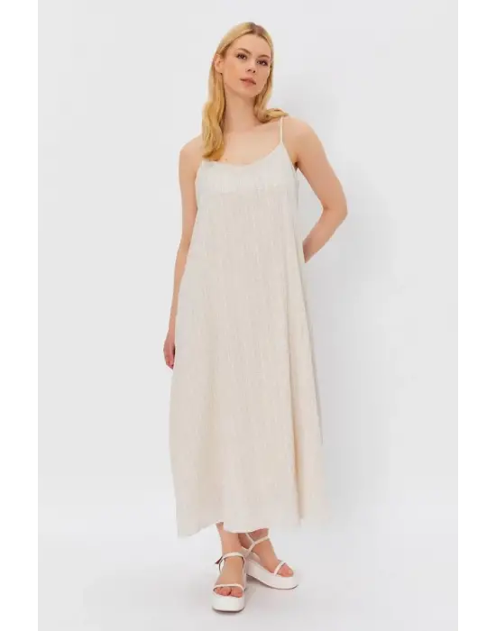 Askılı Uzun Çan Elbise - Natür