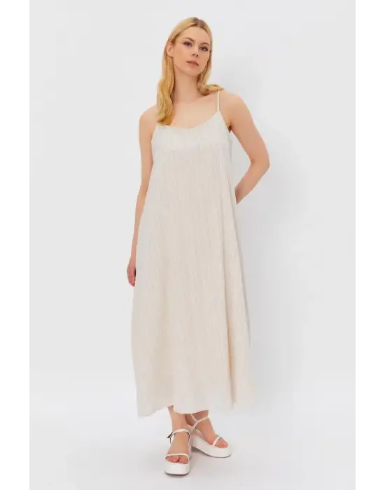Askılı Uzun Çan Elbise - Natür