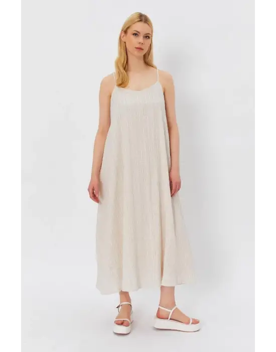 Askılı Uzun Çan Elbise - Natür