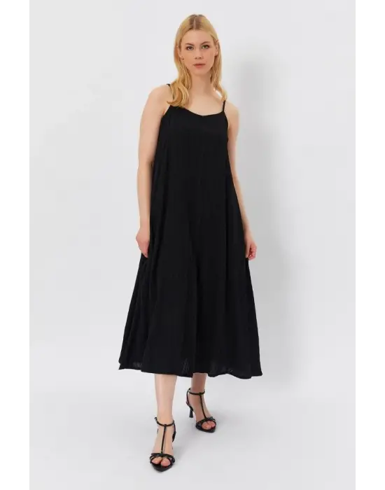 Askılı Uzun Çan Elbise - Siyah